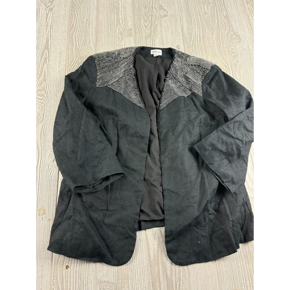 Chicos Linen Blend Blazer Size 3 Black Open Front Metal Mesh Embellished Womens